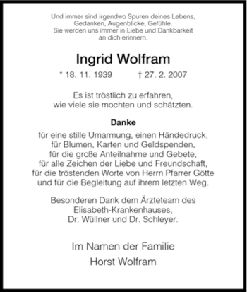 Todesanzeige von Ingrid Wolfram von HNA