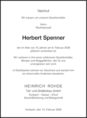 Todesanzeige von Herbert Spenner von HNA