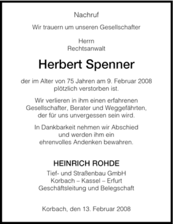 Todesanzeige von Herbert Spenner von HNA