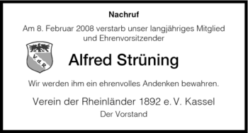 Todesanzeige von Alfred Struening von HNA