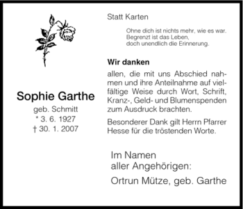 Todesanzeige von Sophie Garthe von HNA