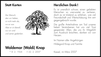 Todesanzeige von Waldemar Knop von HNA