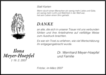 Todesanzeige von Ilona Meyer-Hoepfel von HNA