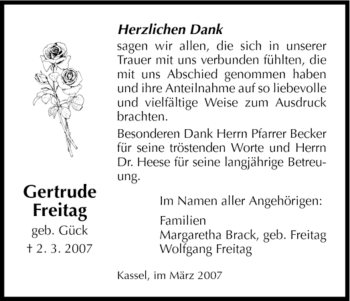 Todesanzeige von Gertrude Freitag von HNA