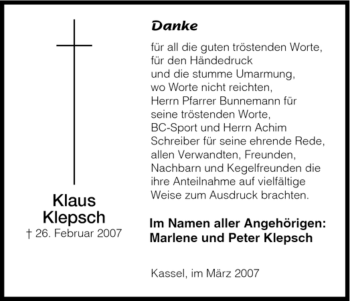 Todesanzeige von Klaus Klepsch von HNA