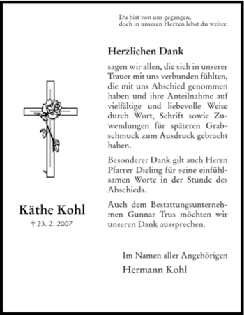 Todesanzeige von Käthe Kohl von HNA