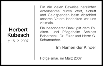 Todesanzeige von Herbert Kubesch von HNA