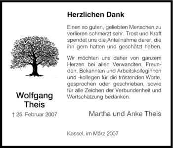 Todesanzeige von Wolfgang Theis von HNA