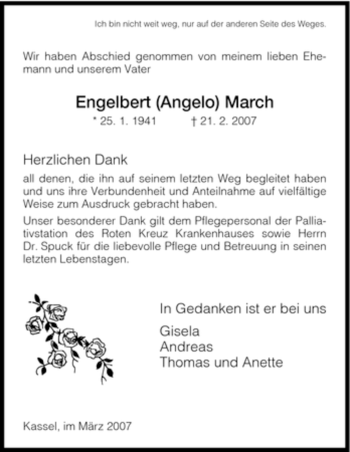 Todesanzeige von Engelbert March von HNA