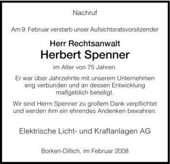 Todesanzeige von Herbert Spenner von HNA