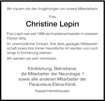 Todesanzeige von Christine Lepin von HNA