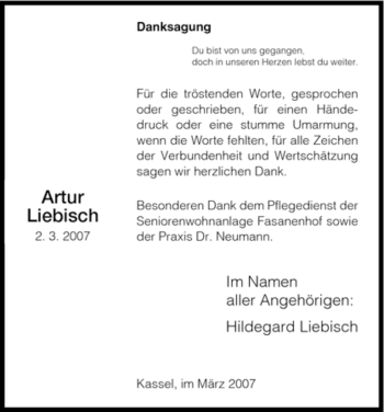 Todesanzeige von Artur Liebisch von HNA