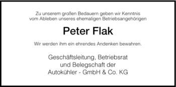 Todesanzeige von Peter Flak von HNA