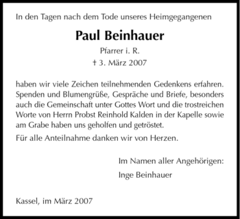 Todesanzeige von Paul Beinhauer von HNA