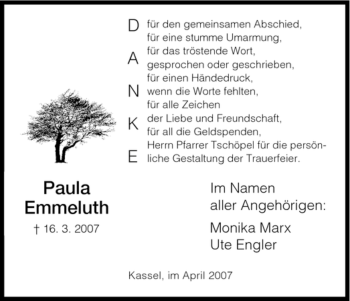 Todesanzeige von Paula Emmeluth von HNA