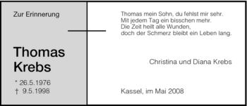 Todesanzeige von Thomas Krebs von HNA