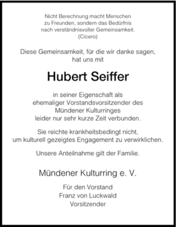 Todesanzeige von Hubert Seiffer von HNA