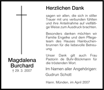 Todesanzeige von Magdalena Burchard von HNA