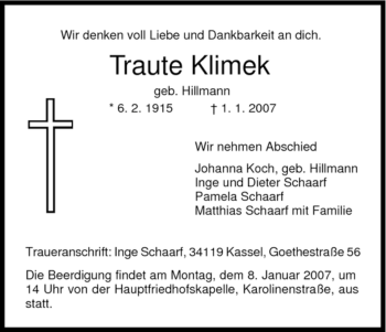 Todesanzeige von Traute Klimek von HNA