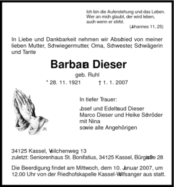 Todesanzeige von Barbara Dieser von HNA