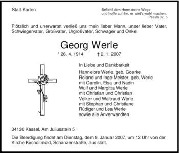 Todesanzeige von Georg Werle von HNA