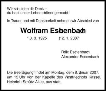 Todesanzeige von Wolfram Eschenbach von HNA