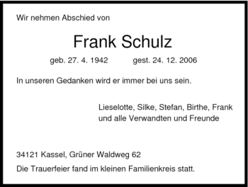 Todesanzeige von Frank Schulz von HNA