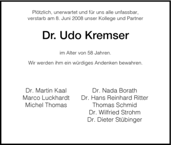 Todesanzeige von Udo Kremser von HNA