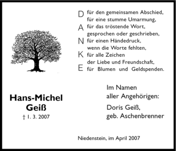 Todesanzeige von Hans-Michel Geiss von HNA