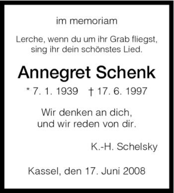 Todesanzeige von Annegret Schenk von HNA