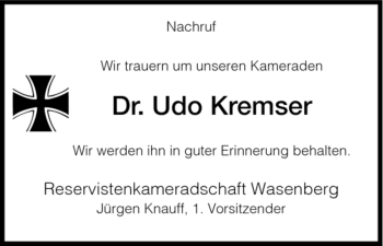 Todesanzeige von Udo Kremser von HNA