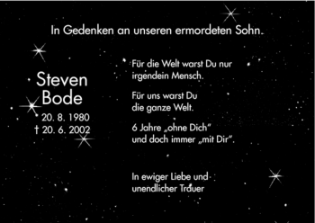 Todesanzeige von Steven Bode von HNA