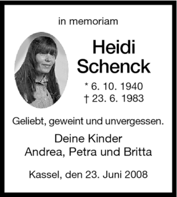 Todesanzeige von Heidi Schenck von HNA