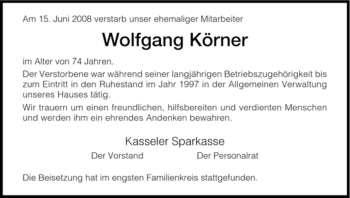 Todesanzeige von Wolfgang Körner von HNA