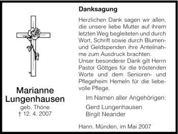 Todesanzeige von Marianne Lungenhausen von HNA