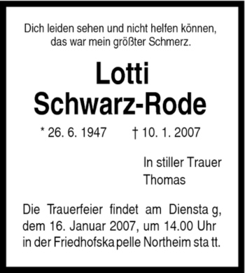 Todesanzeige von Lotti Schwarz-Rode von HNA