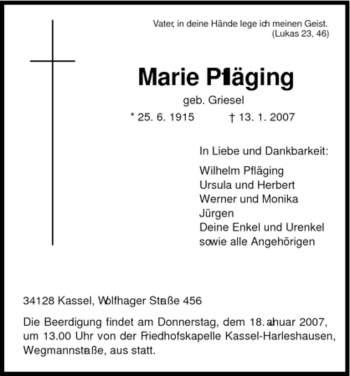 Todesanzeige von Marie Pflaeging von HNA