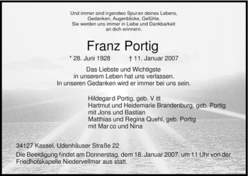 Todesanzeige von Franz Portig von HNA