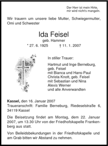 Todesanzeige von Ida Feisel von HNA