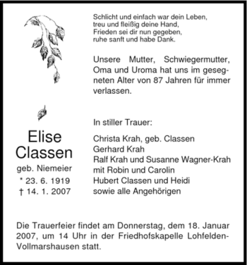 Todesanzeige von Elise Classen von HNA