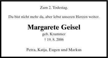 Todesanzeige von Margarete Geisel von HNA