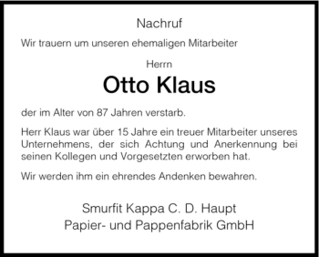 Todesanzeige von Otto Klaus von HNA