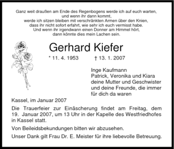 Todesanzeige von Gerhard Kiefer von HNA