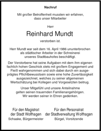 Todesanzeige von Reinhardt Mundt von HNA