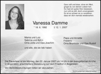 Todesanzeige von Vanessa Damme von HNA