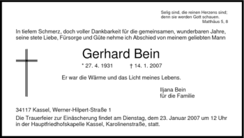 Todesanzeige von Gerhard Bein von HNA