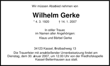 Todesanzeige von Wilhelm Gerke von HNA