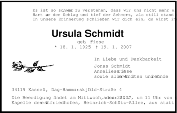 Todesanzeige von Ursula Schmidt von HNA