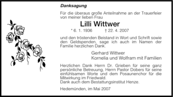 Todesanzeige von Lilli Wittwer von HNA