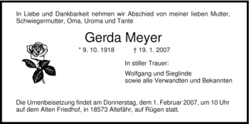 Todesanzeige von Gerda Meyer von HNA